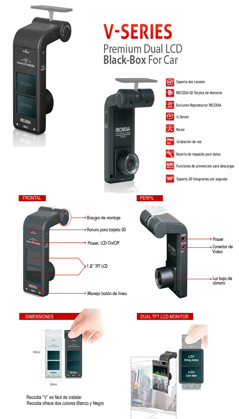 V-series Premium Dual LCD Black Box Recodia Camara Seguridad